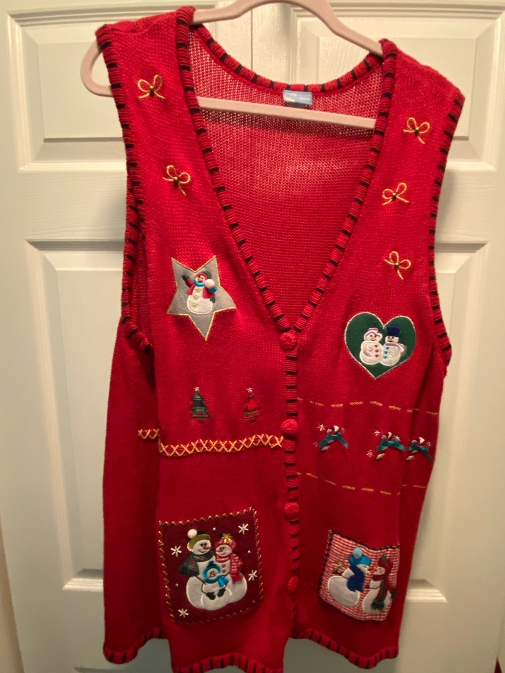 Vintage Holiday Editions Red Christmas Patchwork Sweater Vest Snowman Bows 2X